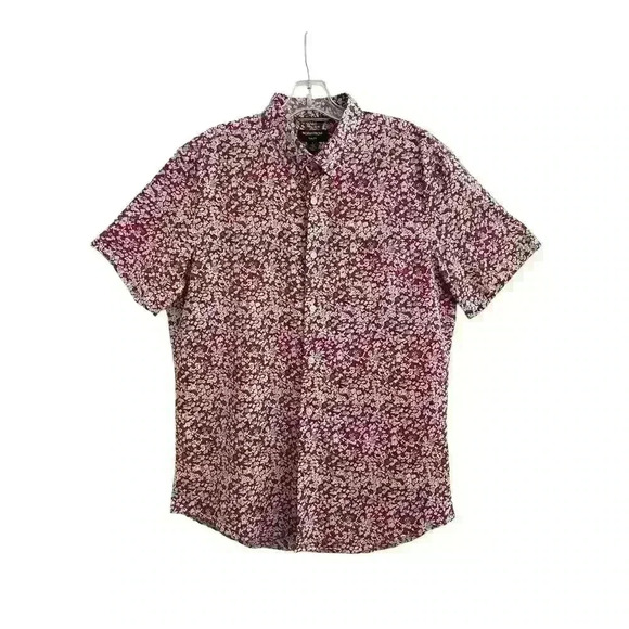 Nordstrom Mns Sz L Floral Trim Fit Button Down Shirt Brown Linen Stretch Fun NWT - Picture 5 of 16